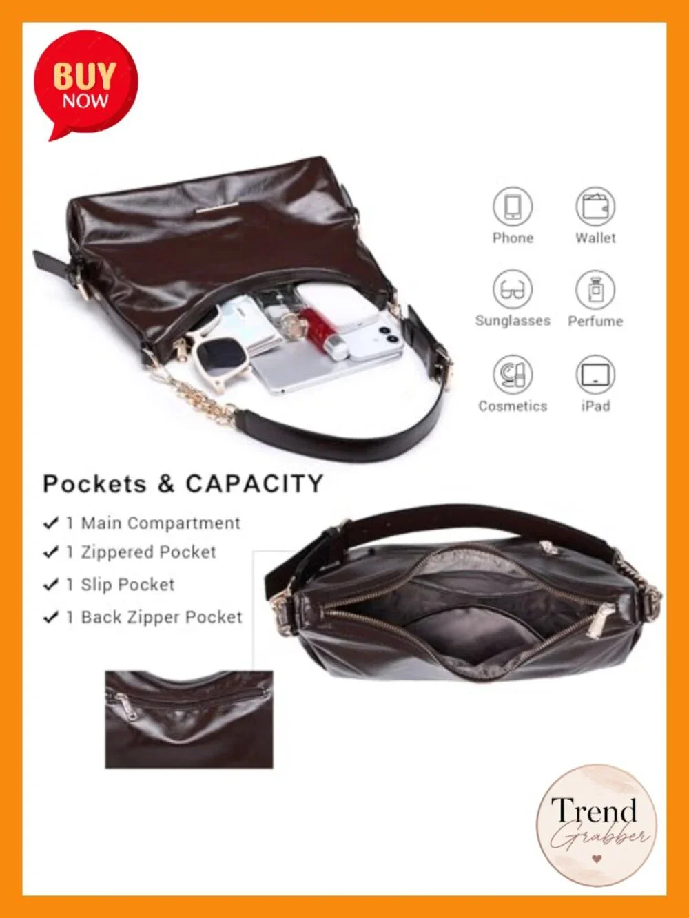 Faux Leather Hobo Bag Shoulder Purse Multi-Pocket Handbag Tote Work Shopping